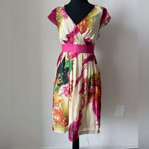 Jonathan Martin Petites Floral Midi Dress 10P Belted V-Neck Cap Sleeve Y2K Fairy